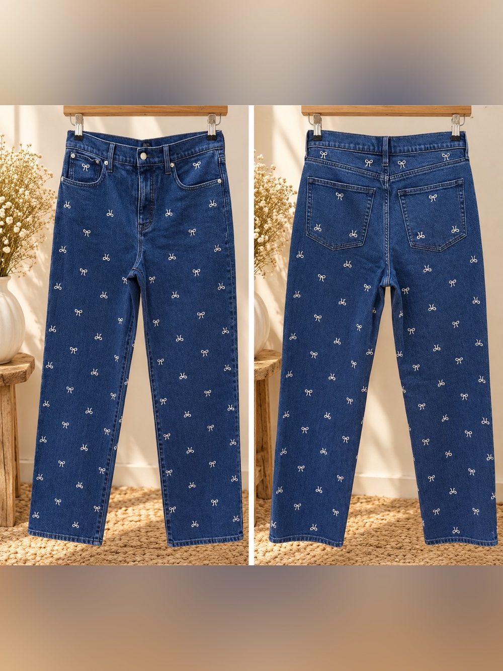 J. Crew Dark Blue Embroidered Bow Wide-Leg Jeans